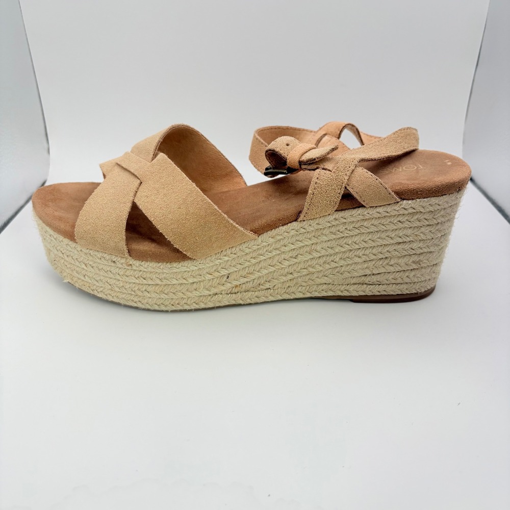 Toms Womens 9 Sandals Tan Suede Espadrille Willow Wedge Platform Honey 3.5" Heel - Picture 8 of 11